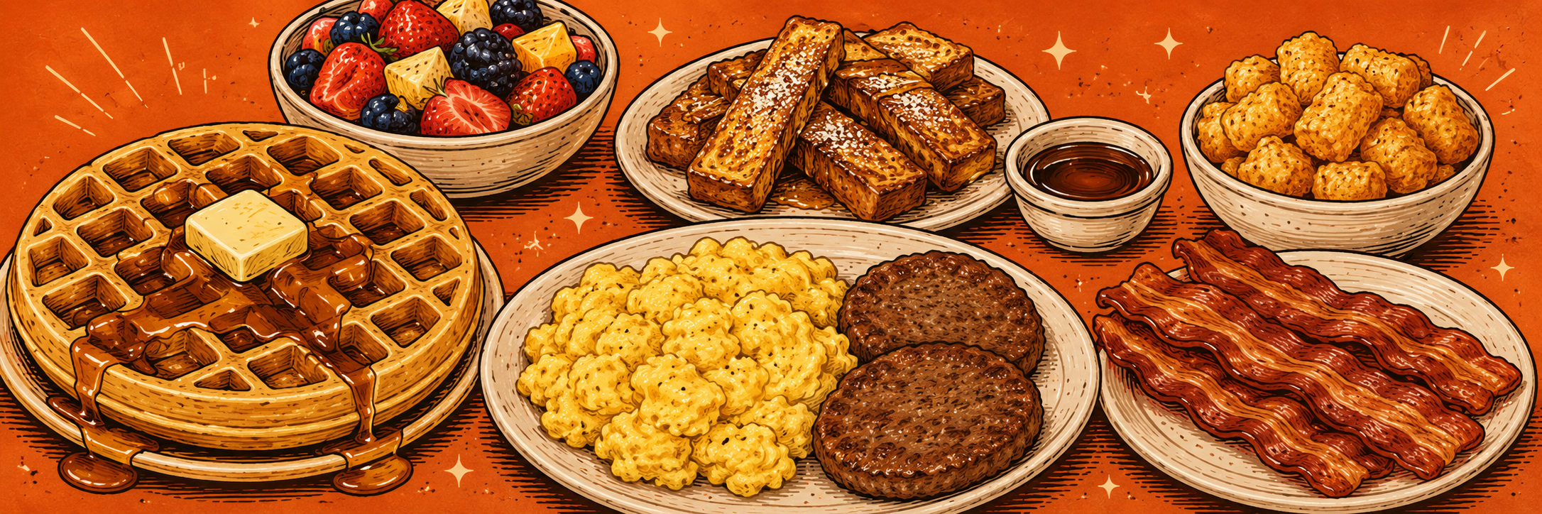 Illustrated brunch bar spread with waffles, French toast, eggs, tater tots, fruit, sausage, and bacon