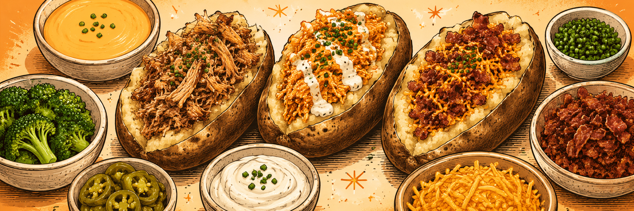 Illustrated loaded potato bar spread with baked potatoes, pulled pork, buffalo chicken, bacon, queso, sour cream, broccoli, jalapenos, cheese, and chives
