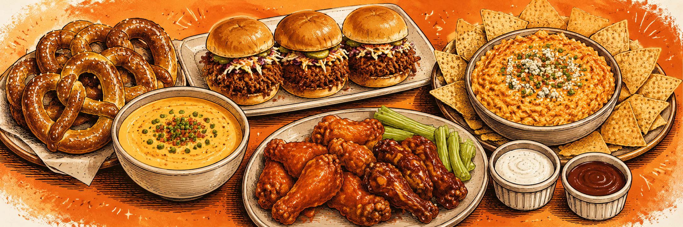 Illustrated party bar spread with pretzels, queso, BBQ pulled pork sliders, buffalo chicken dip, tortilla chips, wings, and sauces