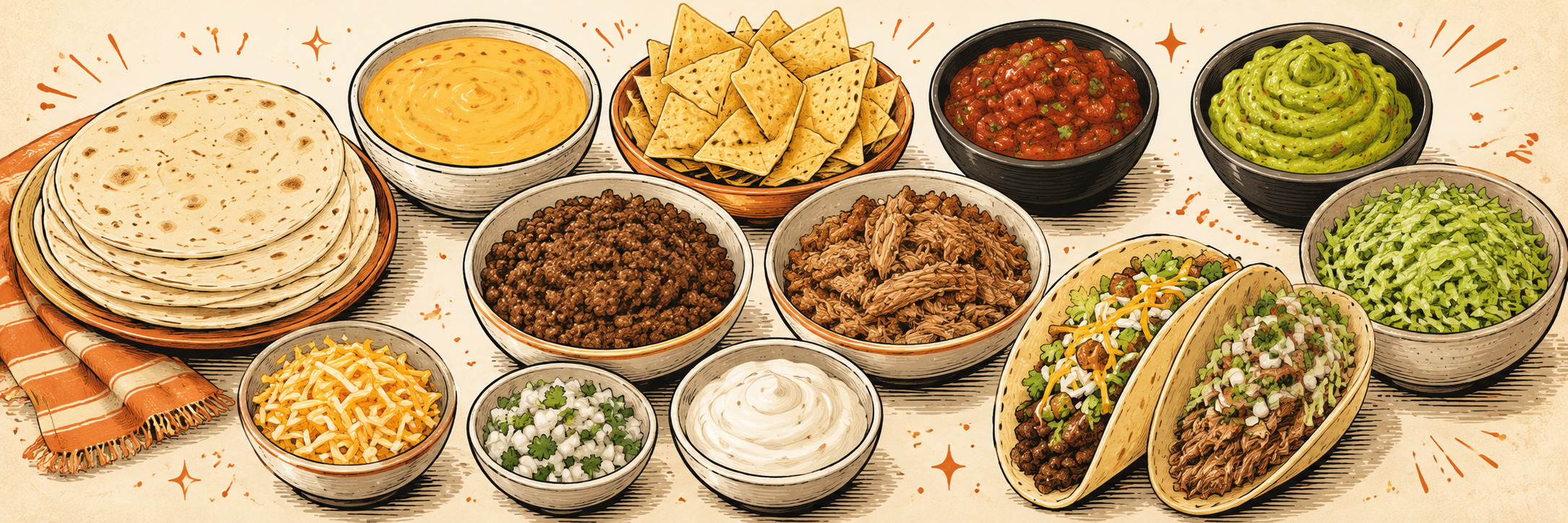 Illustrated taco bar spread with tortillas, meats, chips, queso, salsa, guacamole, lettuce, cheese, and toppings